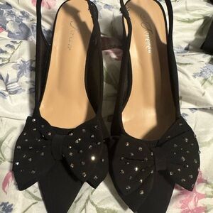 Black Bow-Accent Slingback Pointed Flats